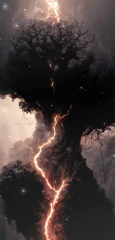 A tree silhouetted by lightning in a stormy sky wallpaper.