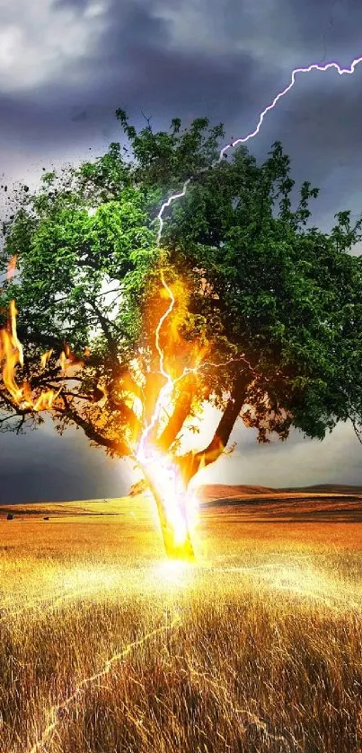 Tree struck by lightning surrounded by flames in a vibrant landscape.