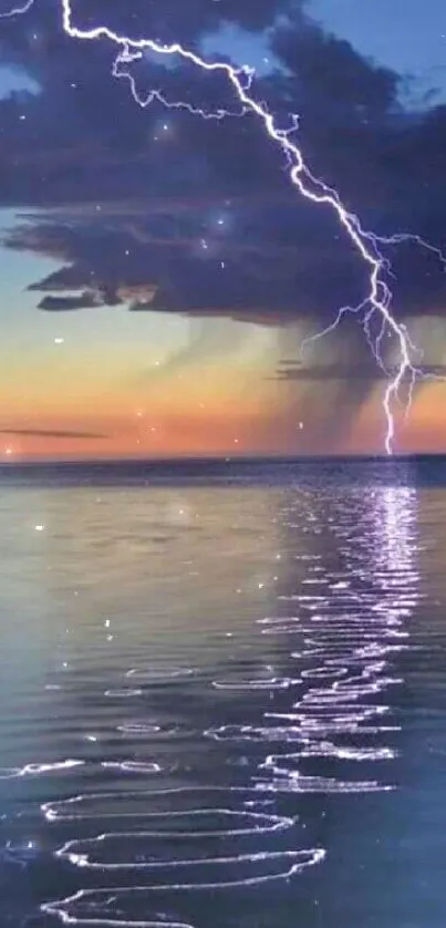 Lightning illuminates ocean at sunset with vibrant colors.