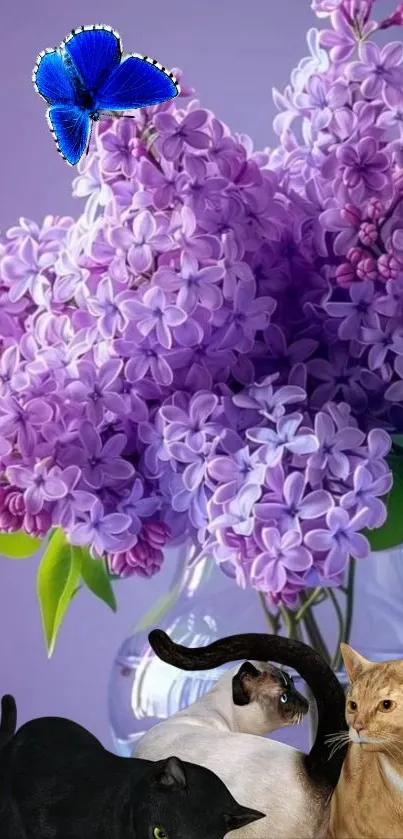 Lilac bouquet with cats and butterfly wallpaper.