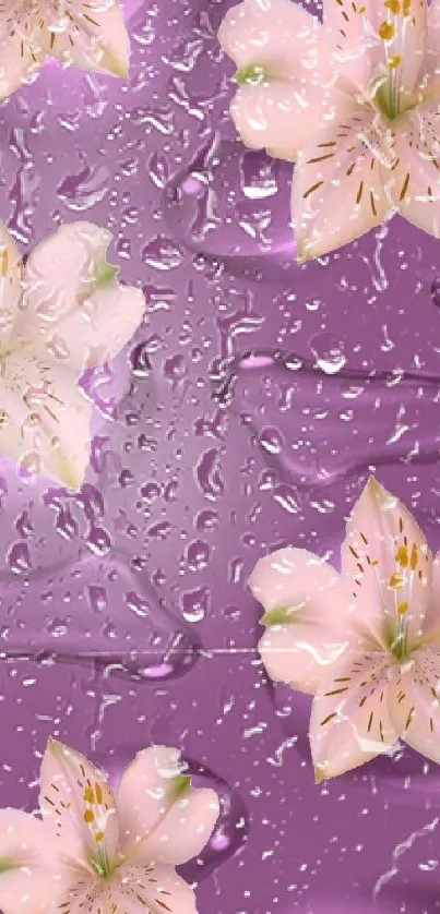 Lilac wallpaper with pink lilies and purple water droplets for mobile.