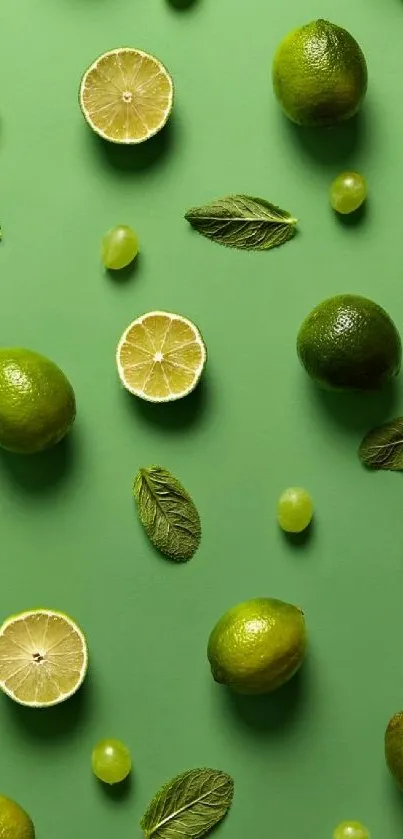 Vibrant wallpaper with limes, mint leaves, and grapes on a green background.