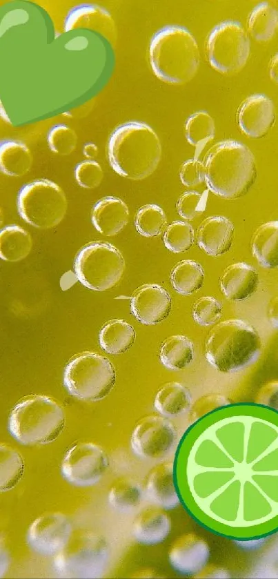 Lime-themed wallpaper with bubbles and green icons.