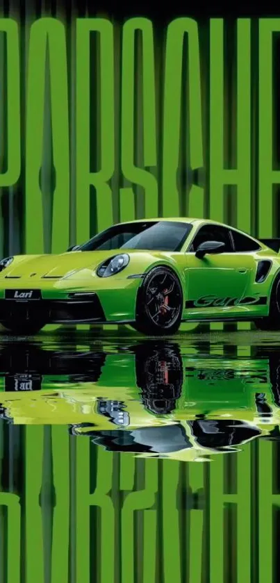 Vivid green Porsche GT3 reflecting on wet surface in a dynamic display.