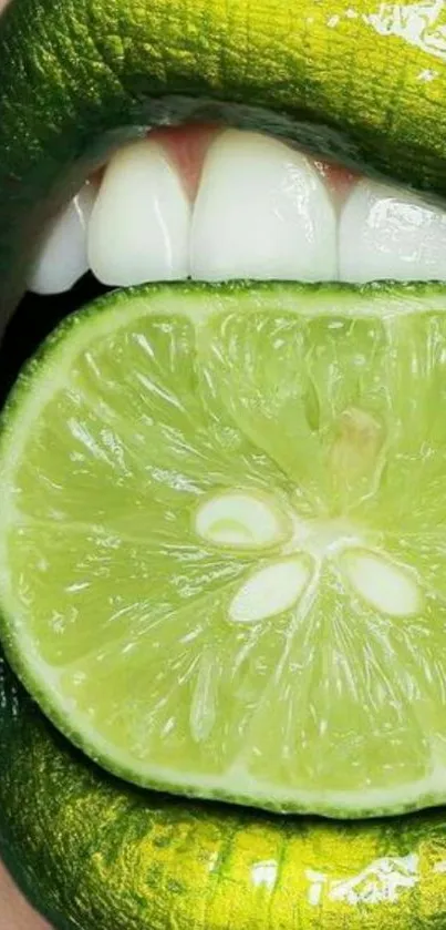 Close-up of green lips holding a lime slice.