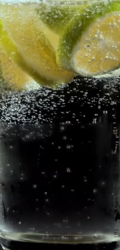 Closeup of sparkling water with lime slices.