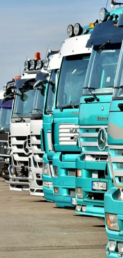 Line of vibrant turquoise trucks in outdoor setting.