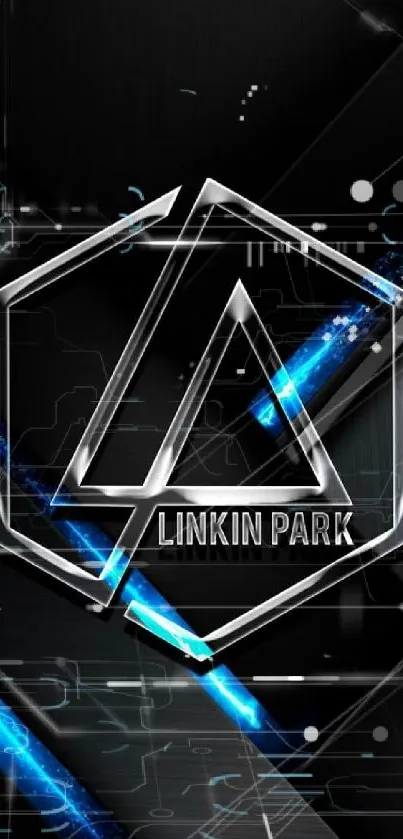 Linkin Park metallic logo with blue neon elements on black background.