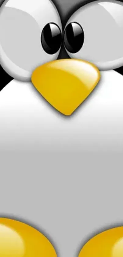 Cartoon Linux penguin with yellow beak and feet on mobile wallpaper.