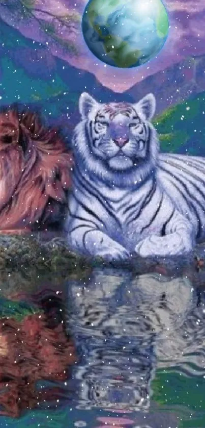 Lion and white tiger by a reflective pool under a cosmic sky.