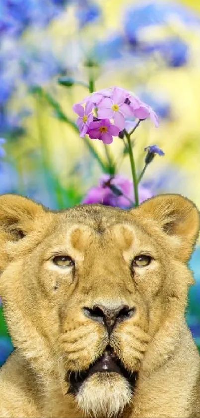 Majestic lion surrounded by colorful wildflowers in a vibrant setting.