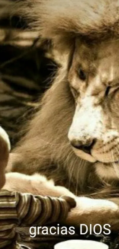 Baby and lion sitting together peacefully.