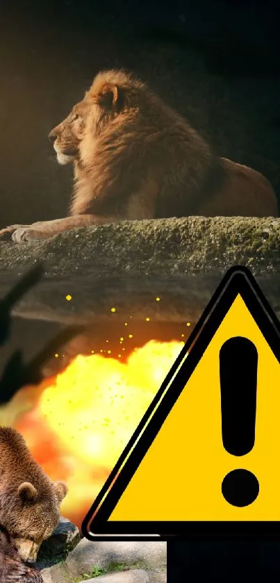 Lion and bear with warning sign and explosion.