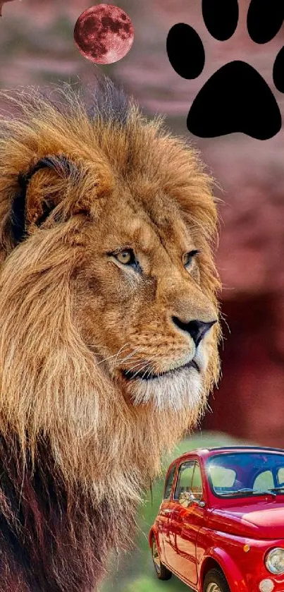 Lion beside a red car with paw print in a fantasy setting.