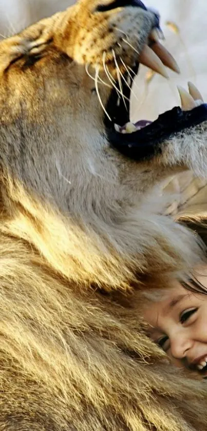 Lion and child sharing a joyful moment with nature.