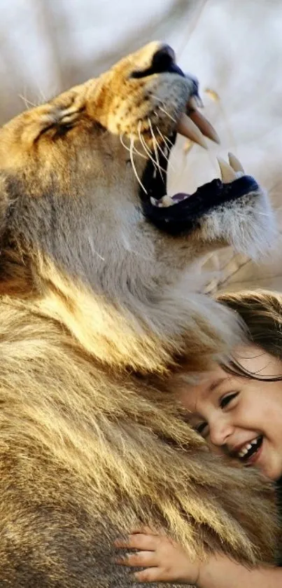 A lion and child sharing a joyful bond in nature.