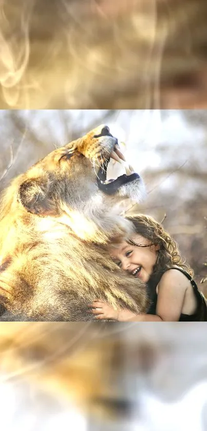 A child warmly embraces a lion in a tranquil nature setting.