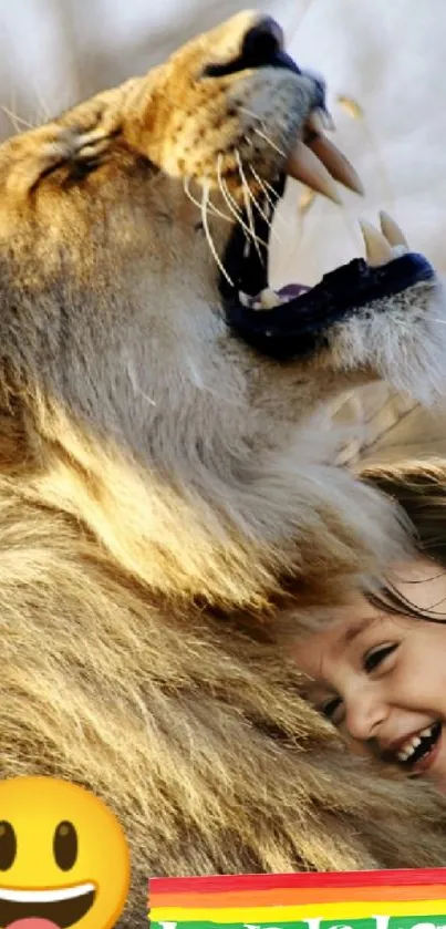 Lion and child sharing a joyful moment with love symbol.