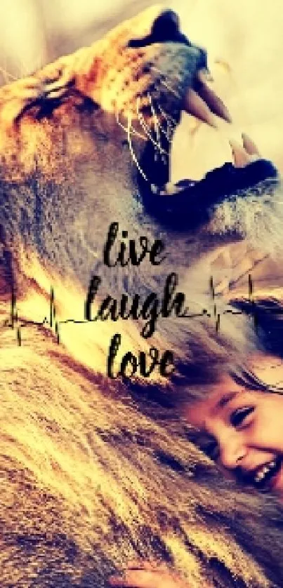Joyful child with lion, featuring inspiring words: live, laugh, love.