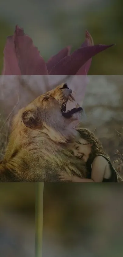 Lion and child with a purple flower in an artistic wallpaper.