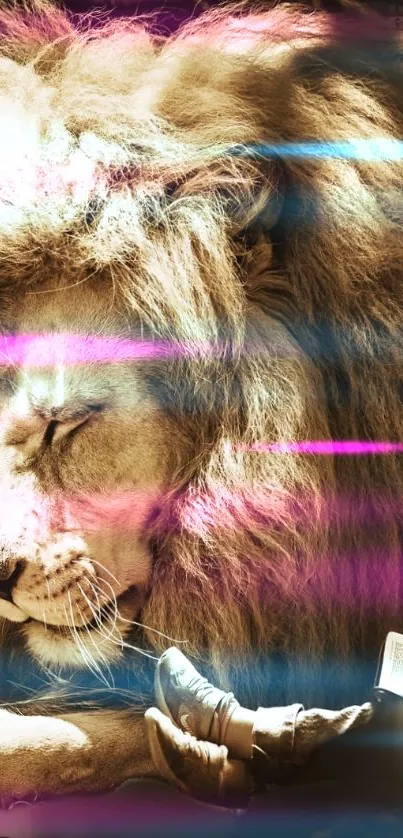 A serene sepia-toned wallpaper of a lion resting with a child drawing.