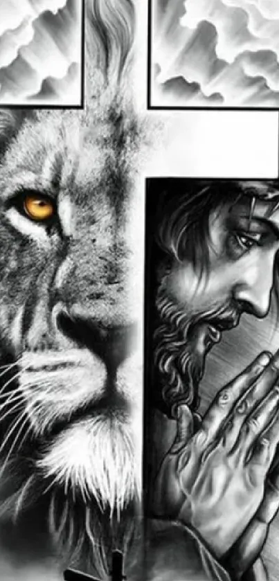 Lion and Jesus with cross in black and white artwork.