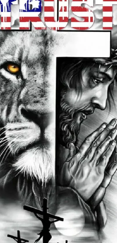 Lion and cross black and white wallpaper with Jesus, symbolizing trust and faith.