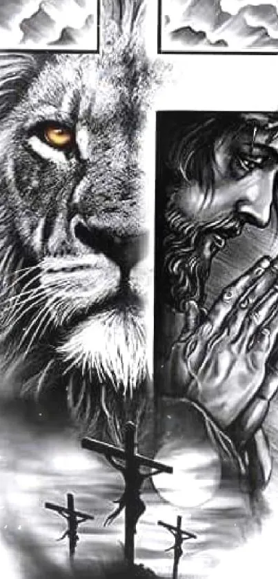 Lion and cross themed artistic wallpaper in black and white.