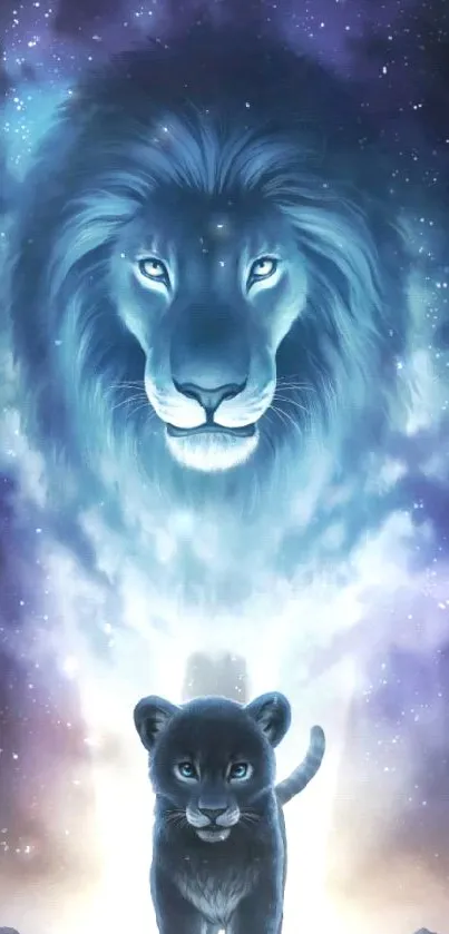 Ethereal lion and cub in cosmic galaxy wallpaper.