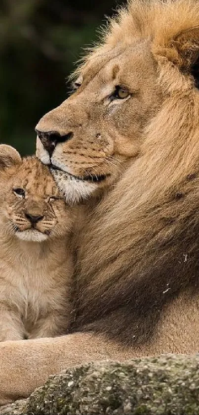 Majestic lion with cub in the wild, perfect for phone wallpaper.