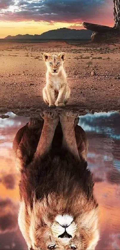 Lion cub looking into water reflection of an adult lion in a desert landscape at sunrise.