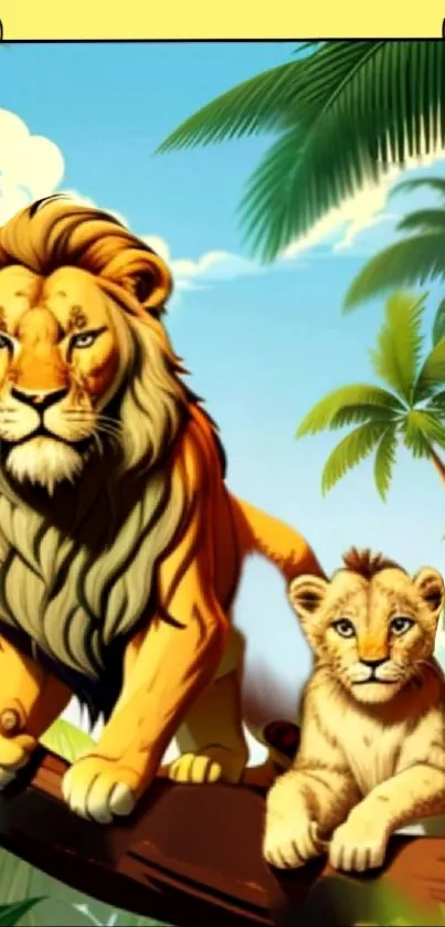 Lion and cub in vibrant jungle setting.