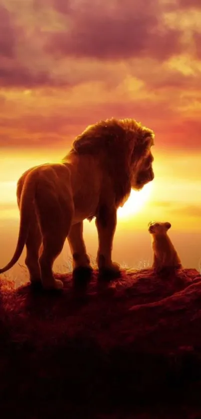 Lion and cub silhouetted against the vibrant sunset.