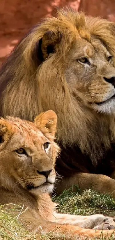Lion and cub resting among rocks in natural habitat.