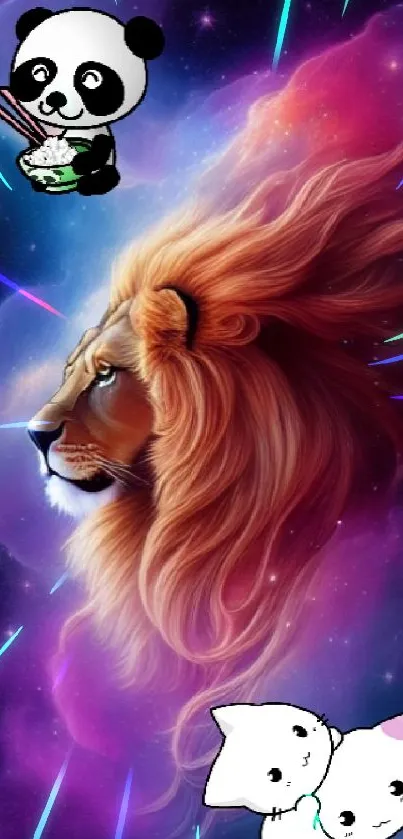 Lion and galaxy phone wallpaper with cute animals amid cosmic colors.