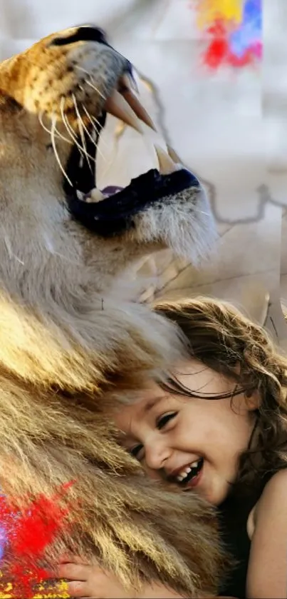 Lion with open mouth hugs smiling child.