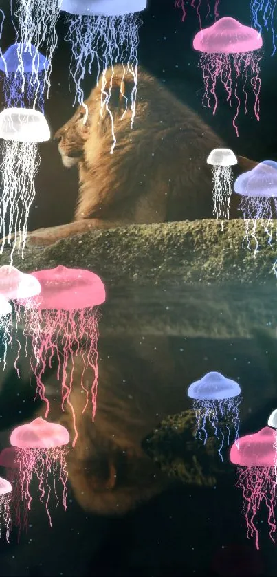 Lion and colorful jellyfish create a surreal mobile wallpaper design.