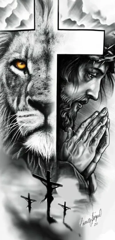 Lion and Jesus beside cross in monochrome art.