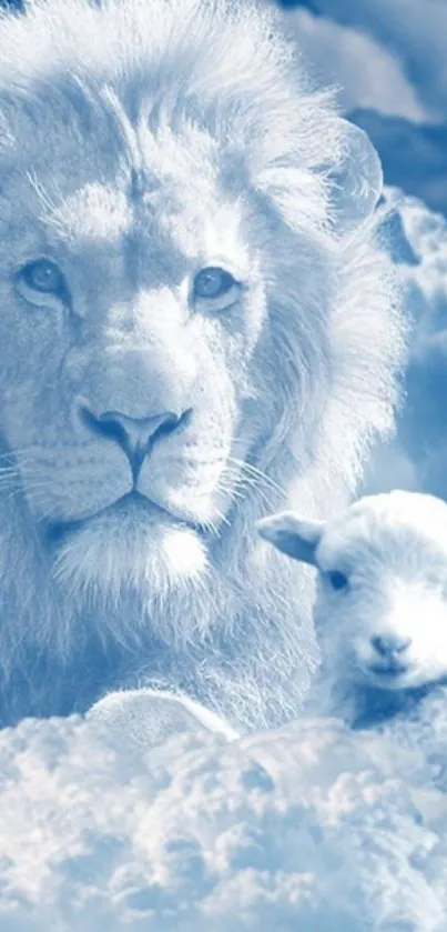 Lion and lamb surrounded by clouds in sky blue tones.