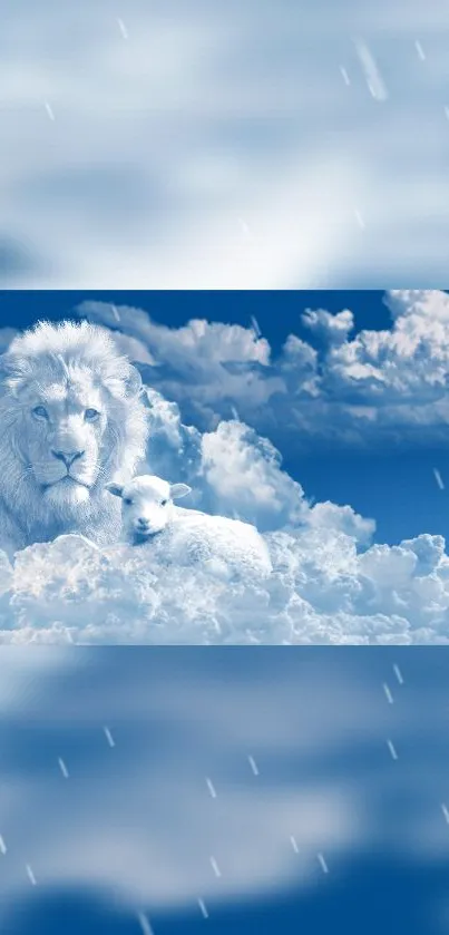 Lion and lamb resting on clouds under a blue sky.