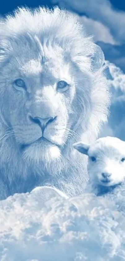 Lion and lamb resting among fluffy clouds.