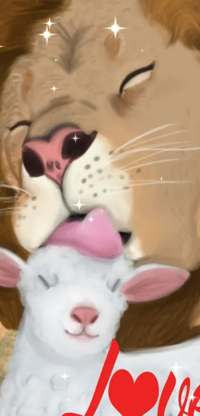 A lion and lamb cuddling in a peaceful artwork.