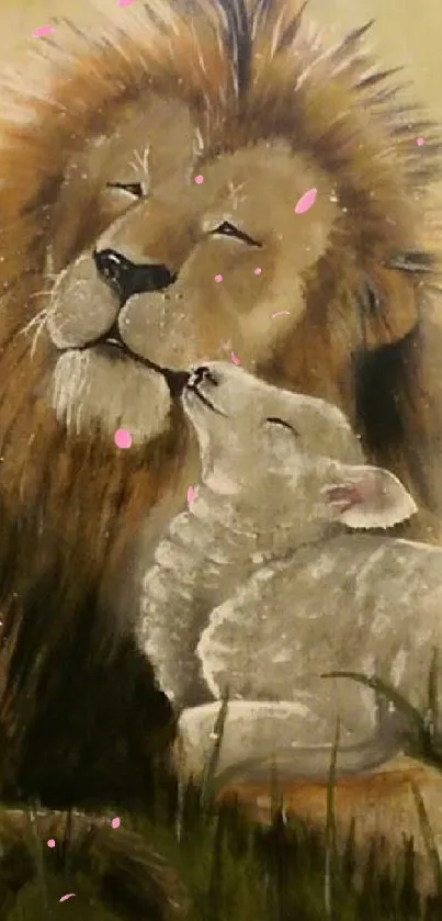 Lion and lamb in peaceful embrace, painted art wallpaper.