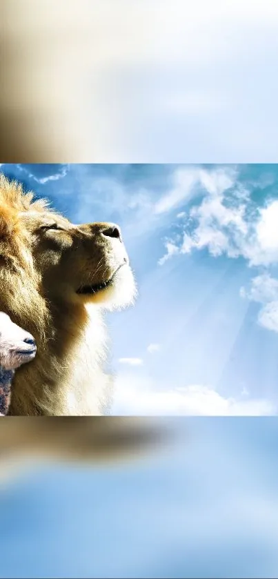 Lion and lamb under a vibrant blue sky with clouds.