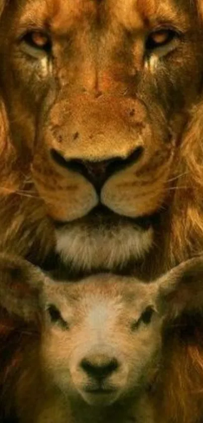 A majestic lion and serene lamb in artistic mobile wallpaper.