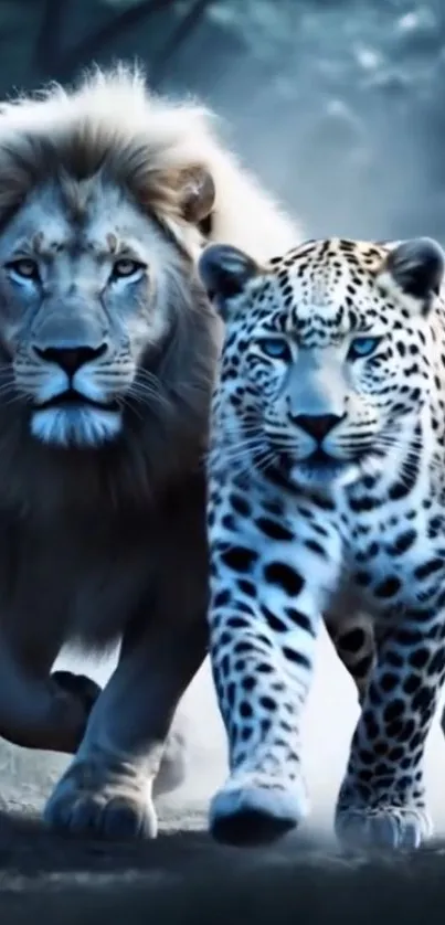 Lion and leopard walking together in misty forest.