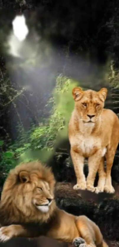 Lion and lioness relaxing in a mystical jungle with stone steps and greenery.