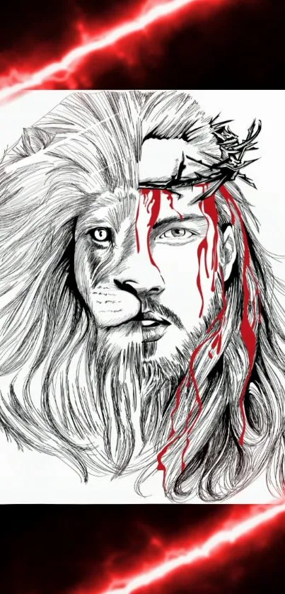 Black and white lion-man illustration with red highlights.