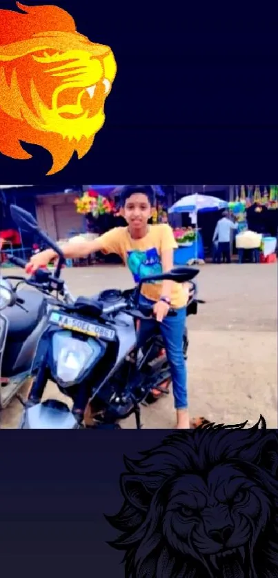 Young boy on motorcycle with vibrant lion designs in urban setting.