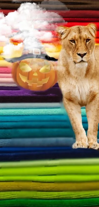 Lion and pumpkin with rainbow background art.